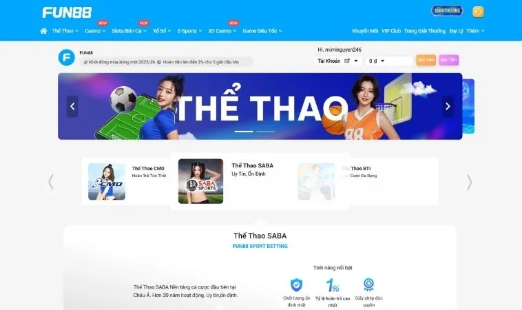 Sảnh thể thao Fun88 thiết kế giao diện đẹp, chuyên nghiệp