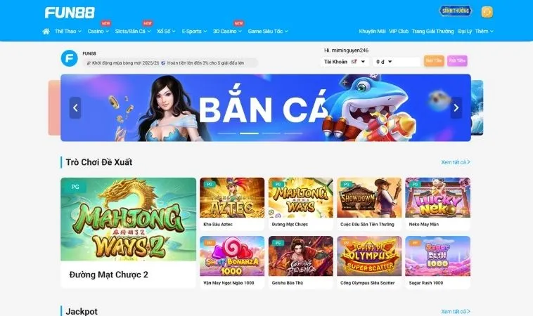 Sảnh bắn cá Fun88 thiết kế giao diện đẹp, chuyên nghiệp