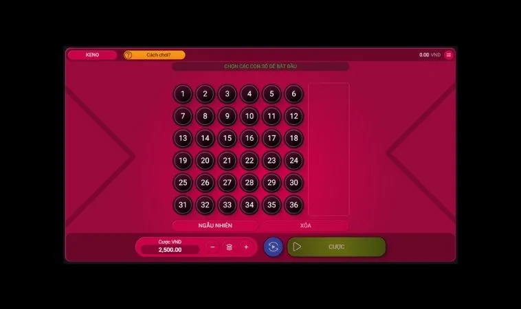 Giao diện chơi Keno tại Fun88