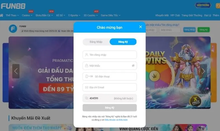 Giao diện đăng ký Fun88