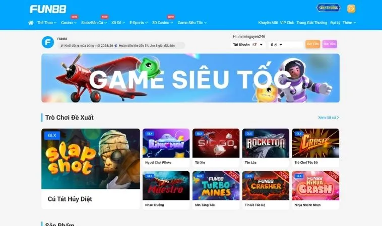 Sảnh game nhanh Fun88 thiết kế giao diện đẹp, ấn tượng