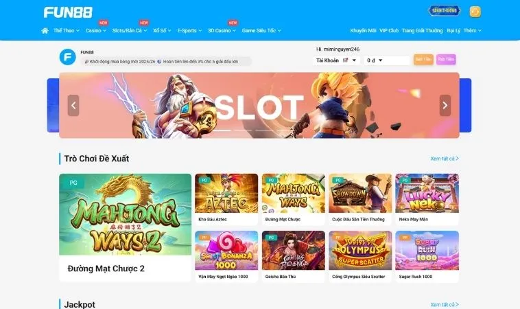Sảnh nổ hũ Fun88 thiết kế giao diện đẹp, ấn tượng
